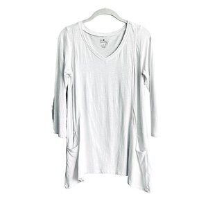 Sunday V-neck Tunic Top Asymmetrical 3/4 Sleeve Pockets White Size S